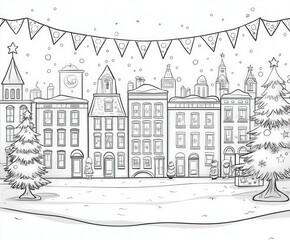 Sticker - Festive lights and banners decorating a neighborhood, coloring page for kids, simple outline illustration. Coloring book.