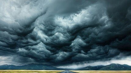 Wall Mural - a road in a field, under a cloudy sky, with mountains in the background