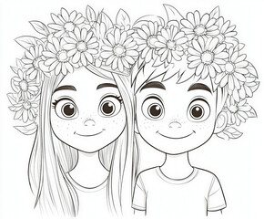 Canvas Print - Kids making flower crowns out of daisies, coloring page for kids, simple outline illustration. Coloring book.