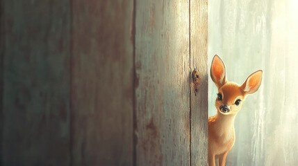 Poster -   A small deer peeks out from behind a wooden door as sunlight streams through the window and illuminates the floor