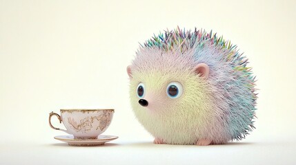 Poster -   A hedgehog holding a tea cup with a saucer inside