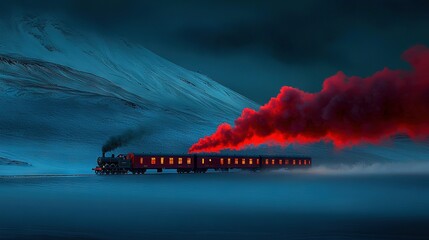 Wall Mural - a train on a track with red smoke and a mountain in the background