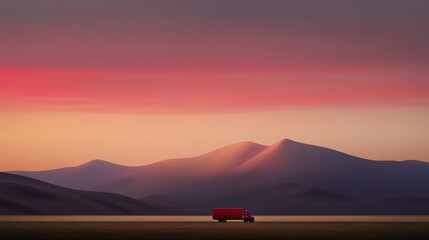 Wall Mural - a truck cruises along a road amidst a majestic mountain range, bathed in the soft hues of a warm pin