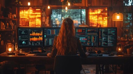 Woman coding at night, rustic office, data screens, warm lighting