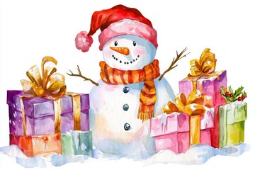 Canvas Print - Watercolor clipart of a cute snowman, isolated on a transparent backdrop