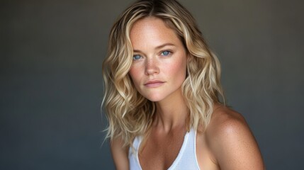 A portrait of a charming woman in her 30s with lengthy blonde hair, isolated on a white backdrop