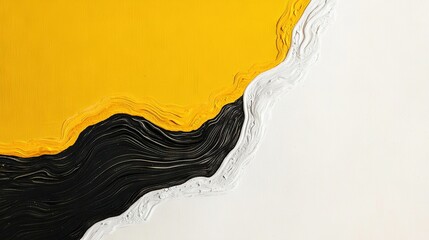 Wall Mural -   A yellow and black painting on a white wall with a monochromatic wave at its base