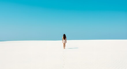 Woman walking alone on vast white sandy beach with clear blue sky. Tranquil summer vacation scene. Minimalist coastal landscape for relaxation and solitude concept.