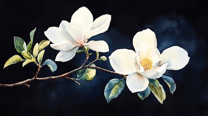 watercolor illustration of white magnolia flower on black background