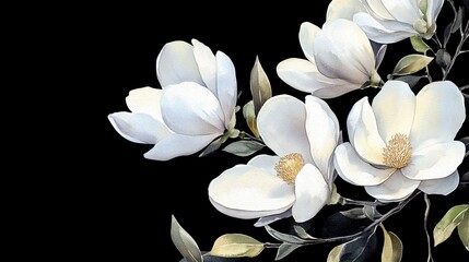 watercolor illustration of white magnolia flower on black background 