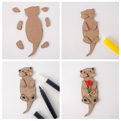 Wall Mural - Step-by-step process of making an otter-shaped cardboard craft. Handmade DIY animal art project. creative hobby concept. Design for educational materials, greeting cards, invitations, posters, print