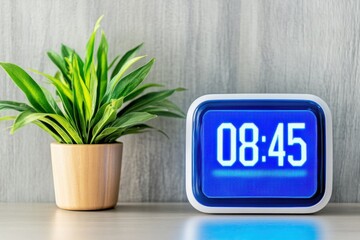 Canvas Print - Futuristic holographic alarm clock glowing brightly at 8:45 AM beside a decorative plant on a modern wooden surface