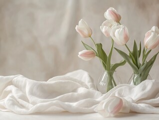 Wall Mural - light table, surrounded by elegant pink and white tulips in glass vases, soft white linen fabric. The background is softly blurred with natural light, creating a warm and dreamy aesthetic. The setting