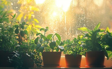 Wall Mural -  Potted plants on sunlit window sill