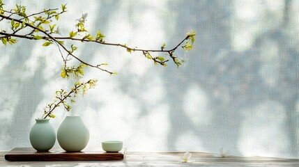 Wall Mural -   A pair of vases rest atop a wooden table near a leaf-laden branch