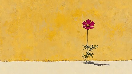 Poster -   A vibrant depiction of a solitary crimson blossom against a backdrop of golden hues, with the subtle suggestion of foliage casting a soft shadow