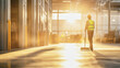 © Taras Vykhopen - Warehouse worker sweeps dust in sunlight with push broom on large floor