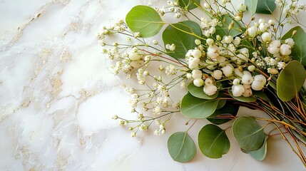 Wall Mural -   White flowers sit atop a white countertop with green leaves nearby and a white marble surface visible