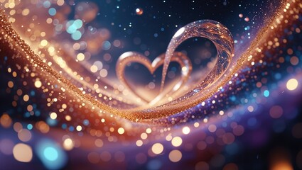 Abstract glittering heart shape with bokeh lights on a dark blue and purple background