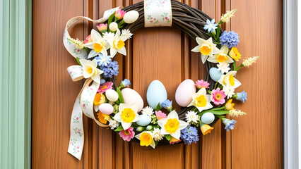 Wall Mural - A charming Easter wreath adorned with eggs, daffodils, and a delicate ribbon bow