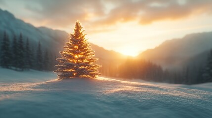 Poster - Snowy mountain landscape, tiny Christmas tree bathed in golden sunset light