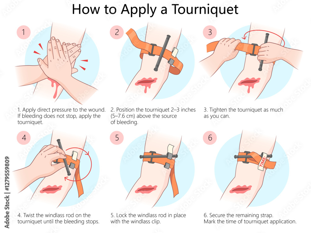 medical infographic demonstrating how to properly apply a tourniquet to