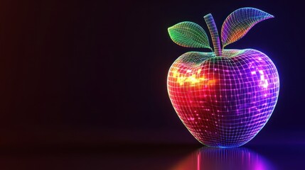 Glowing digital apple, dark background, tech concept