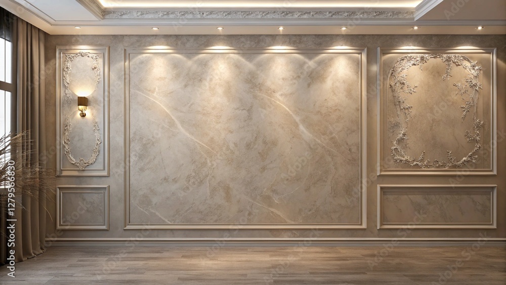 Wall decor featuring white wainscoting panels and a textured wallpaper ...