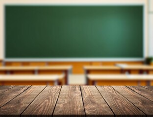 Canvas Print - Empty blackboard and table with blur classroom