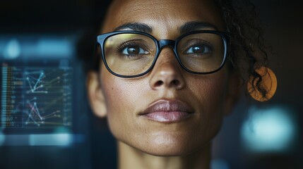 A female programmer and IT engineer, a young STEM graduate, is engaged in software development, coding, web design, and database architecture on her desktop computer