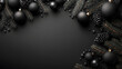 © IA Tuga - A sophisticated black-themed Christmas background featuring matte black ornaments, pine branches, and glittery baubles