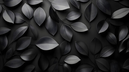 Wall Mural - A stylish black background featuring a pattern of glossy and matte leaves in monochrome shades