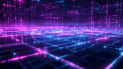 Abstract digital technology futuristic, cyberpunk aesthetic neon grid pattern with glowing neon lines in shades of blue, pink and purple electronic circuitry binary pattern lines