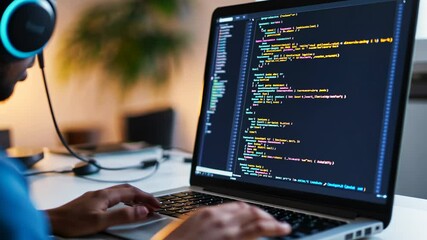 Focused Programmer Immersed in Lines of Code, Coding on Laptop with Headphones