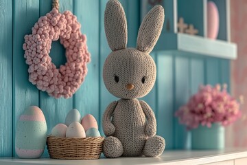 Poster - Cheerful Easter home decoration featuring a painted egg basket, rabbits, and a spring wreath. The image exudes harmony and freshness