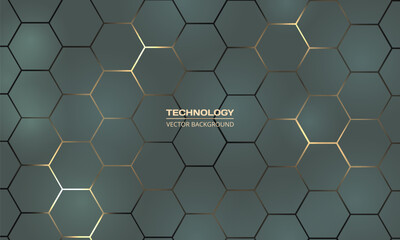 Wall Mural - Gray-green color hexagon abstract technology background with beige and yellow colored bright flashes. Hexagonal tech gaming vector illustration