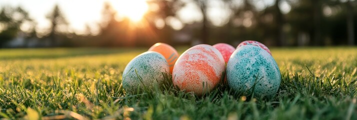 Poster - Easter eggs and vibrant green grass set the scene in a spring natural background