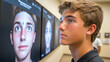 © scaliger - Young man observing digital face scan on screen in technology lab for facial recognition research