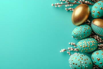 Poster - Beautiful Easter eggs and tree branches on a light background, close-up