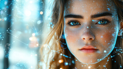 Wall Mural - futuristic young woman with digital overlay and network effects in blue tones