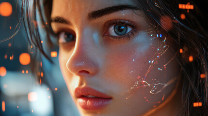 Wall Mural - close-up portrait of woman with digital light effects on face and futuristic background