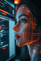 Wall Mural - futuristic woman with digital circuit projection on face in tech environment
