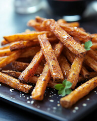 Wall Mural - SWEET POTATO FRIES on square plate in cozy kitchen