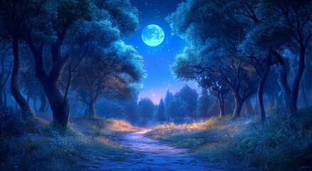 Wall Mural - a somber forest scene under a night sky dotted with stars, a big blue moon, and planets, with a few 