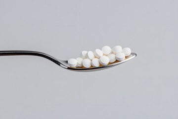 Wall Mural - Spoonful of White Pills: A macro shot of a silver spoon filled with a pile of white, round tablets against a light gray backdrop, suggesting medication.