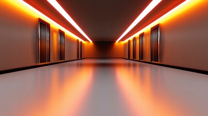 a long, sleek corridor with orange neon lights. modern doors line the walls, reflecting in the shiny