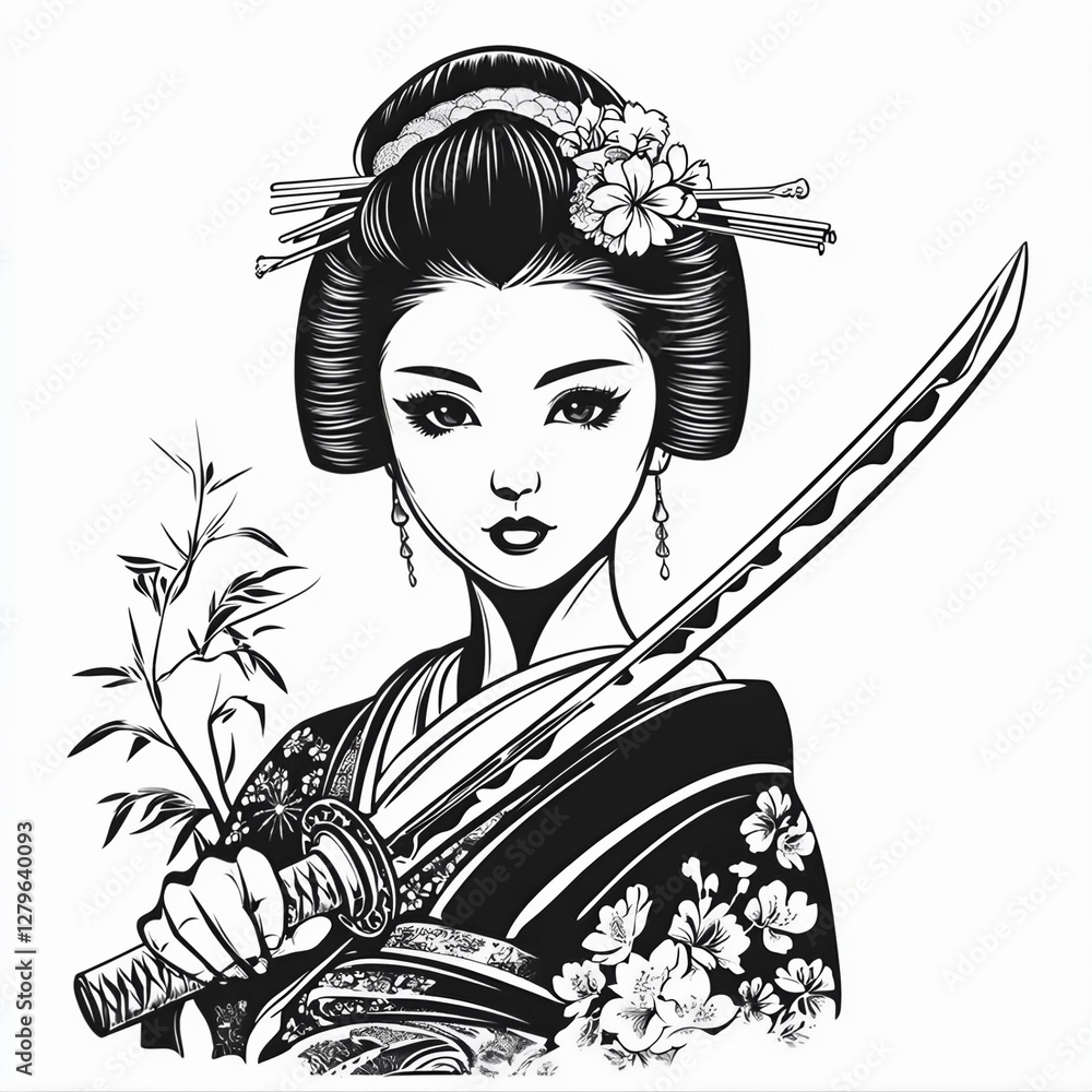 A beautiful Japanese geisha holding a katana in a black and white ink ...