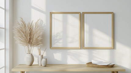 Wall Mural - Empty golden picture frames mockup on a white wall