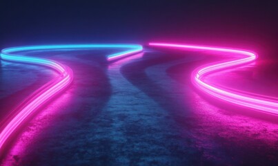 Wall Mural - Abstract flowing light trails in neon pink and blue tones, curving gracefully against a dark background for a sleek and futuristic aesthetic