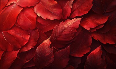 Wall Mural - artistic close-up of bright red autumn leaves with intricate details, softly illuminated to create d